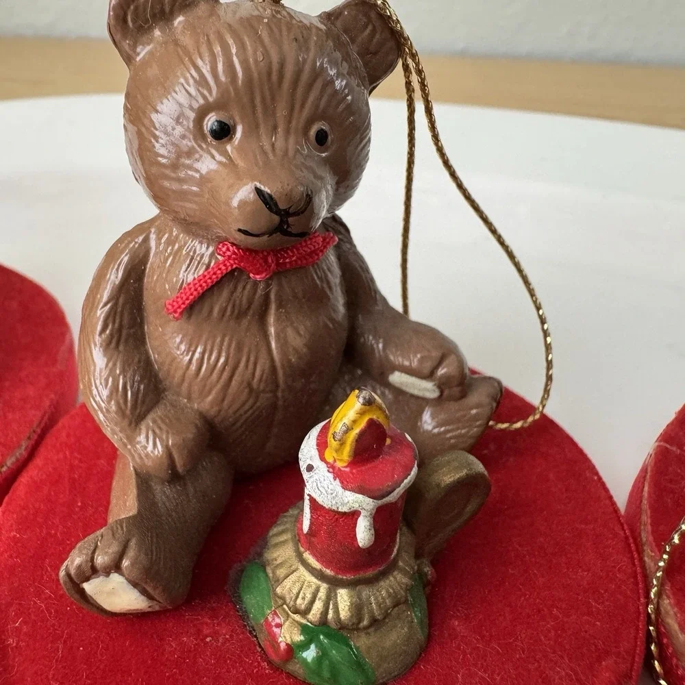 Vtg 80s Christmas Teddy Bear Ornaments w/ Ball Candle Lot 3‎ Kitsch Taiwan Red